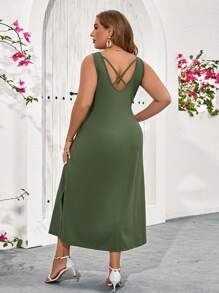 SHEIN Clasi Vestido de verano verde esmeralda de talla grande con cuello cuadrado y lazo para mujer - Verde - Ver 2