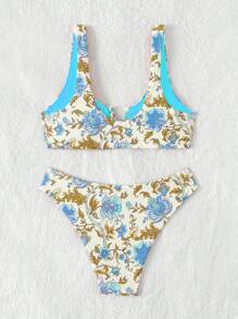 SHEIN Swim 女士花卉印花缺口 V 领比基尼套装，带比基尼套装上衣和下装，露背领比基尼套装，适合海滩度假、夏季海滩 - 彩色 - 查看 4