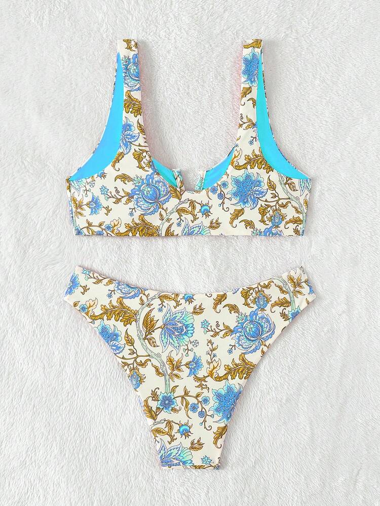 Women's Floral Printed Notched V-Neck Bikini Set With Bikini Set Top And Bottom, Halter Neck Bikini Set For Beach Holiday,Summer Beach