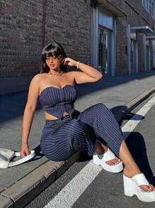 SHEIN MOOSTA 大尺碼條紋裝飾鈕扣連身上衣和褲子套裝 - 藏蓝色 - 查看 4