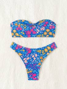 Swim Mod Women Summer Beach Random Flower Print Hollow Out Bandeau Bikini Set - Multicolor - View 2