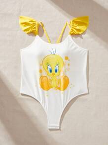 LOONEY TUNES X SHEIN Đồ bơi liền thân dệt kim hở lưng họa tiết hoạt hình khối màu cỡ lớn cho nữ, mùa hè - Nhiều màu - Xem 3