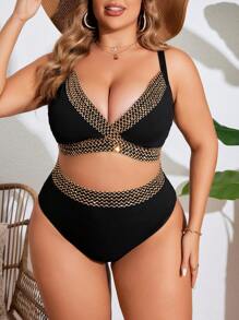 Swim Lushoire Plus Size Color Block Spaghetti Strap Bra And Bikini Bottom Set For Summer Beach Pool Wear - Black - View 3
