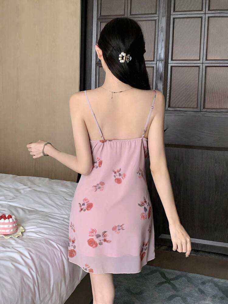 Summer Lace Patchwork Floral Printed Cami Slip Dress Pajama