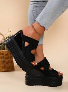 Women's Wedge Platform Sandals, 12cm Thick Soles Strap High Heel Waterproof Platform Summer Wedge Slippers, Black Open Toe Shoes