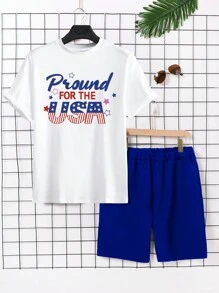 Navy Blue Heart & Letter Printed Men Fashionable Crew Neck T-Shirt And Black Shorts 2pcs/Set Family Matching Outfits Mommy And Me (3 Pieces Are Sold Separately) - White - View 5