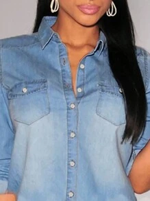 Slim Fit All-Match Women Denim Shirt - Light Wash - View 5