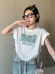 Women Summer Short Sleeve White T-Shirt With Letter Print Round Neckline, Designed For A Loose Fit And Featuring Drawstring Detailing