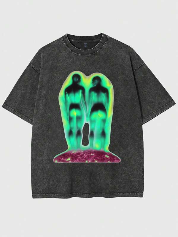 myriadwaveart Camiseta de manga corta para hombres artistas con gráfico de retrato desvaído y efecto lavado para verano, vacaciones, Año Nuevo, primavera, festival