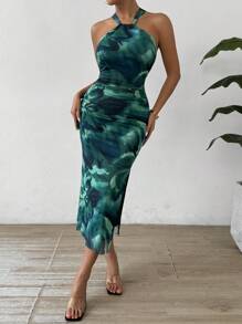Breezaya Abito lungo da donna in stile vacanziero, con spalle scoperte, vita arricciata, spacco, stampa floreale tie-dye in tessuto di rete elasticizzato