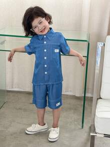 SHEIN Young Boy 2 Pieces Set, Comfortable Short Sleeve  Shirt And Shorts - Blue - View 1