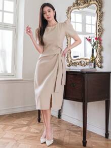 DAZY Women's Fashion Solid Color Short Sleeve Dress - Apricot - View 6