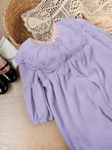 SHEIN Young Girl Loose Casual Embroidery Lantern Sleeve Midi Dress With Wide Neckline