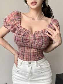 DAZY Women's Plaid Off-Shoulder Puff Sleeve Blouse Summer,Crop Tops Women,Off Shoulder Top,Back To School Clothes - Red - View 6