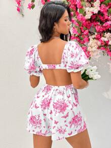 Soleia Women's Floral Print Puff Sleeve Backless Jumpsuit For Vacation - Pink - View 1