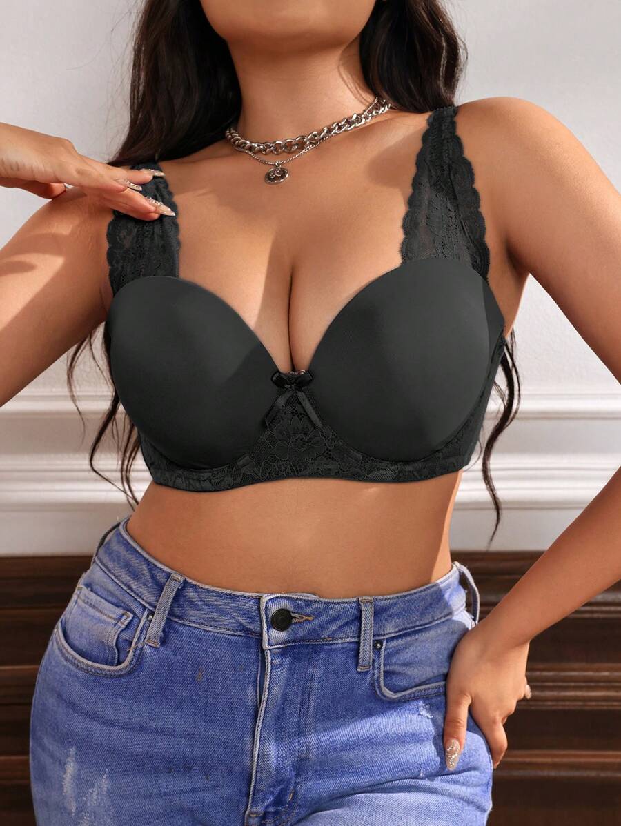 大尺碼女性單色花邊拼接有鋼圈胸罩 - 黑色 - 查看 1