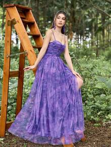Faeriesty Vestido de baile con corte corset, espalda cruzada con encaje y detalles plisados en el busto. - Morado - Ver 3