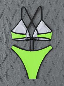 SHEIN Swim 拼色露背領帶性感霓虹比基尼套裝，適合度假、夏季沙灘 - 青檸色 - 查看 8