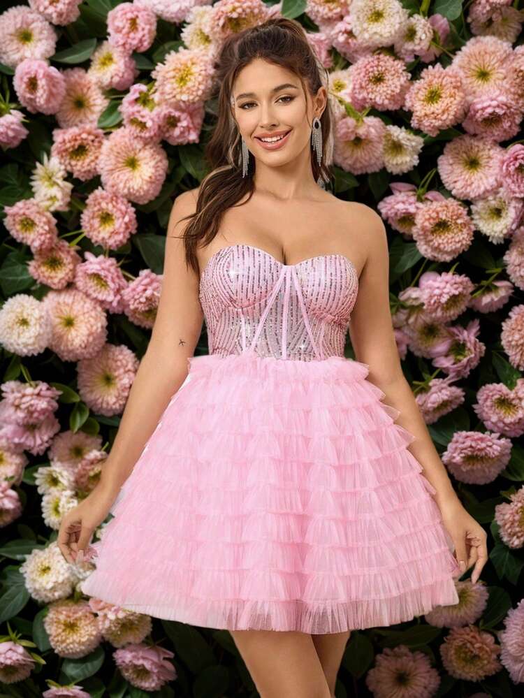 Ladies Pink Elegant Strapless Tulle Spliced A-Line Princess Cocktail Party Dress