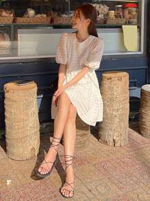 DAZY 女士夏季休闲纯色泡泡袖纹理连衣裙太阳裙