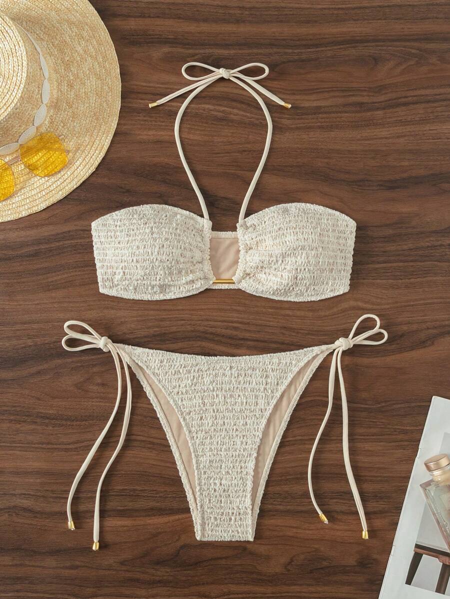 SHEIN Swim Bộ bikini cổ tròn Shirred Halter cho kỳ nghỉ hè ở bãi biển - Màu be - Xem 1