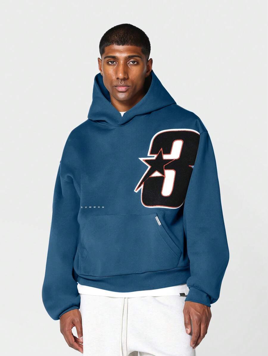SUMWON Regular Fit Overhead Hoodie With Applique Embroidery - Blue - View 1
