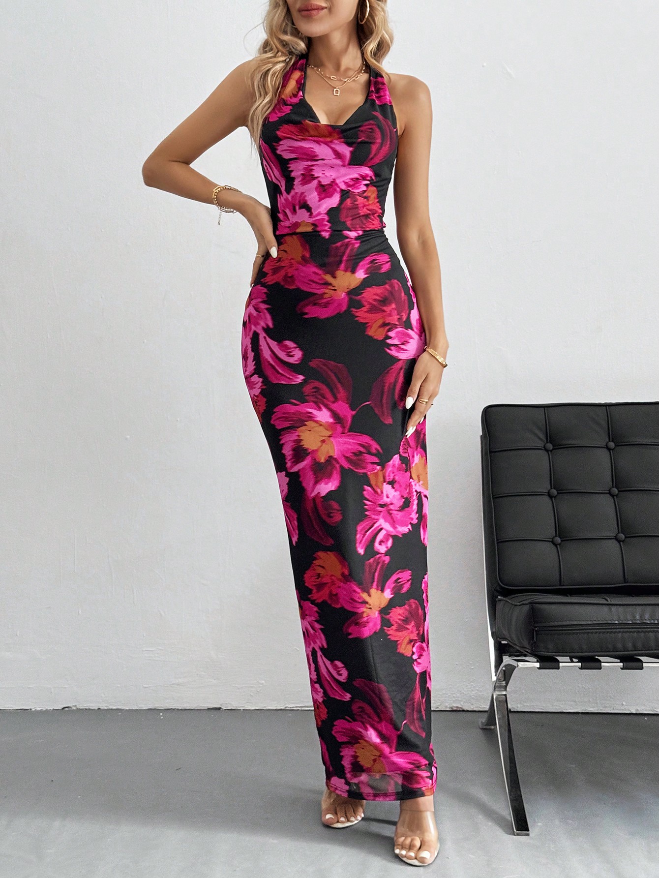 Halter cowl mesh mermaid dress