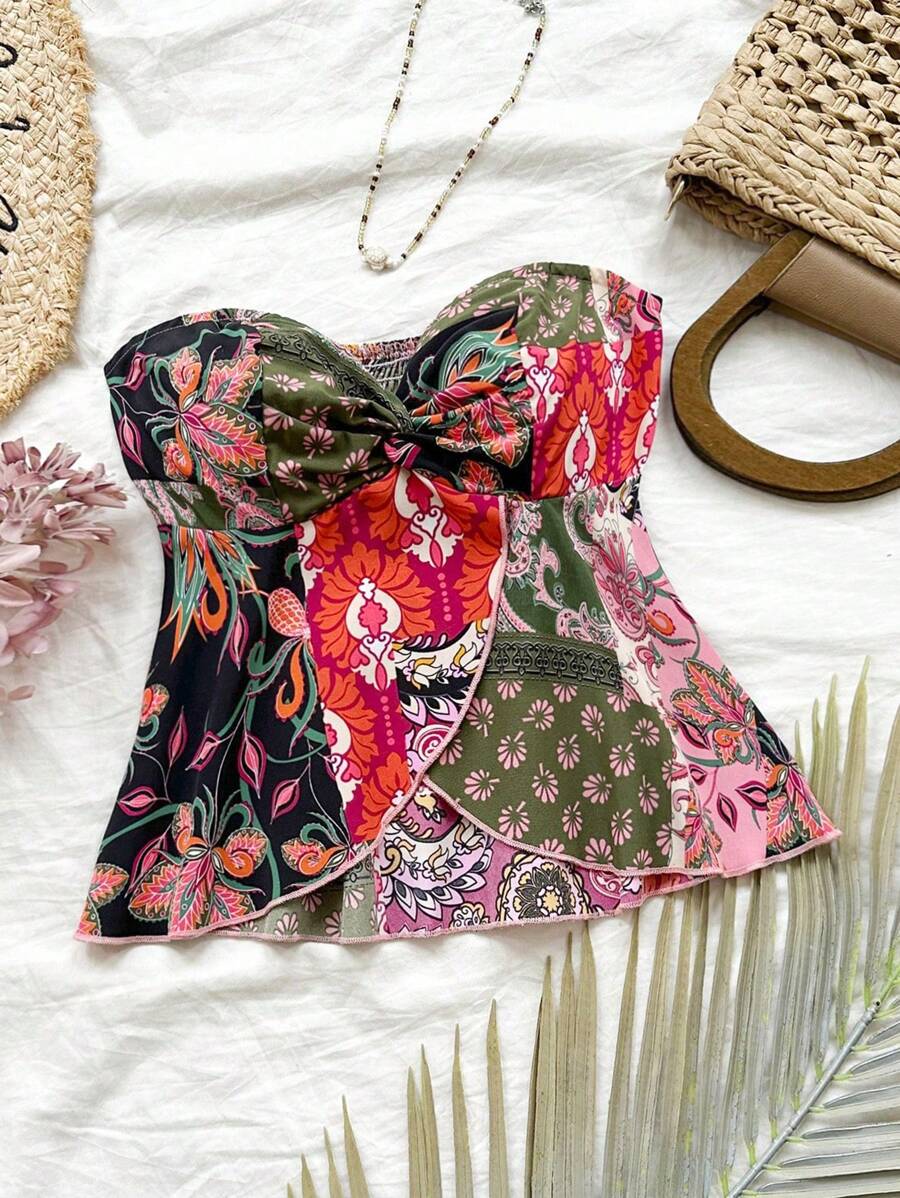 Soleia Vacation  Print Twist Front Bandeau Top - Multicolor - View 1