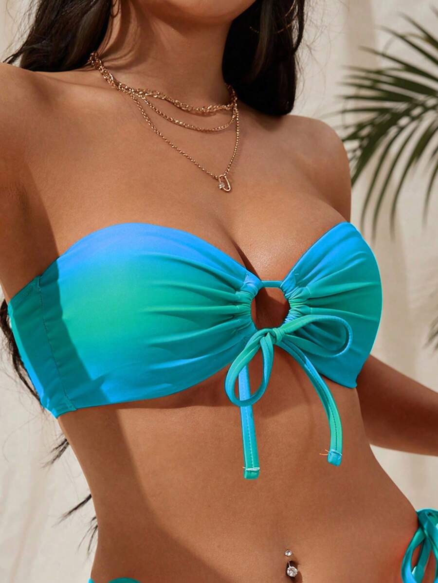 SHEIN Swim 女款時尚漸層夏季海灘抹胸比基尼上衣 - 藍色 - 查看 1