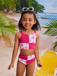 Young Girl Flower Printed Color Block Patchwork Bikini Set Summer Beach