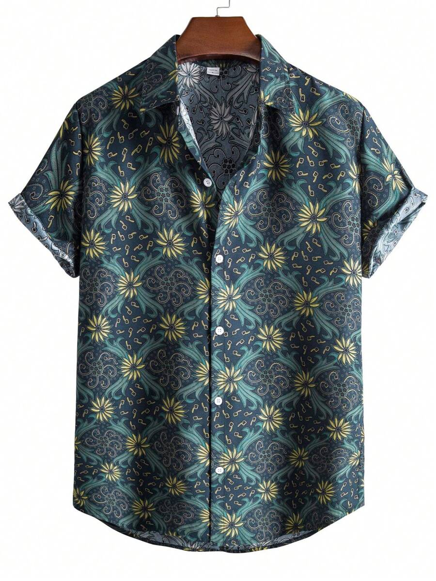Men Allover Floral Print Button Up Shirt - Navy Blue - View 1