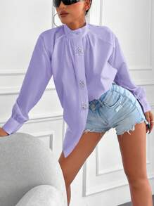 Cottnline Của phụ nữ Màu thuần Ngọc trai đính cườm Áo sơ mi - Màu Lilac Tím - Xem 3