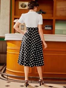 Vintamour Vestido elegante vintage de mujer, estampado de lunares en blanco y negro, camisa de cuello V, vestido trapecio de manga corta con parches, para invitada de boda, fiesta, verano, eventos, día del país, trabajo, recepción de boda, vestido de verano, vestido largo de una pieza, vestido de graduación - Blanco y Negro - Ver 3