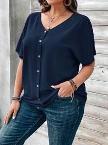 Rosumi Plus Size Women's Orange Button Embellished Short Sleeve Shirt For Spring - Navy Blue - View 4