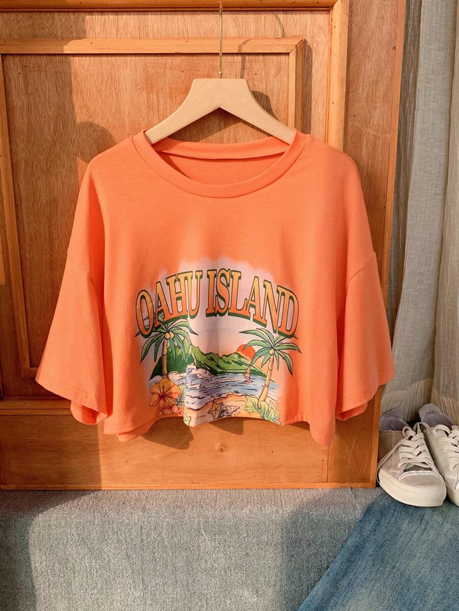 SHEIN Comfortcana 女士假日椰樹印花寬鬆T恤，採用箱型下擺設計 - 橘色 - 查看 1