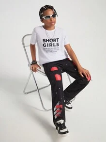 SHEIN Tween Boy Fashionable Water Washed Ripped Jeans With Patchwork, Color Blocking And Spray Painting Design For Street Style And Casual Occasions - Black - View 3