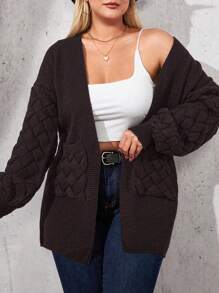 SHEIN Cottnline Plus Size Women's Drop Shoulder Long Sleeve Cardigan With Double Pockets - Brown - View 1