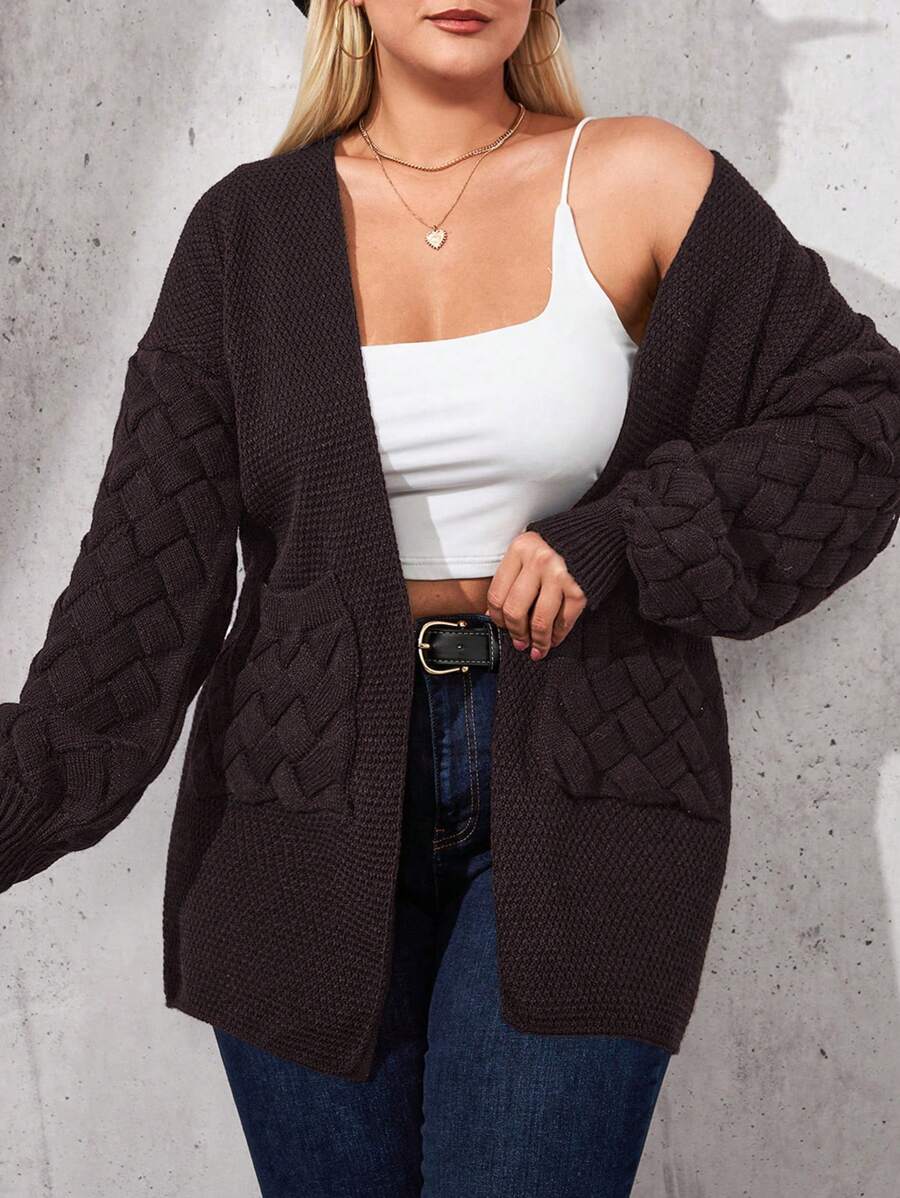 SHEIN Cottnline Plus Size Women's Drop Shoulder Long Sleeve Cardigan With Double Pockets - Brown - View 1