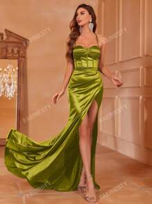 Faeriesty Ruched Bust Backless Lace Up Split Thigh Satin Cami Dressd