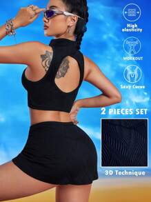 Innovista 3D Texture Fabric Solid Color Front Sports 2pcs Women Sport Sets, Zipper Tank Top,Backless Fall Corp Tops,Daily Workout &Casual ,Workout Tops,Double Zipper,Soft Rib,Spandex Crop Jacket