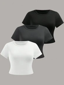 SHEIN EZwear Paquete de 3 camisetas básicas de talla grande con hombro regular