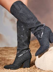 女士鞋子时尚流苏水钻装饰牛仔黑色过膝西部靴情人节
