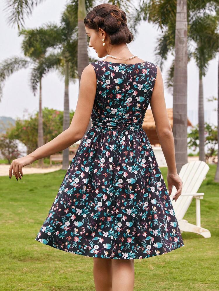 Women's Vintage Black Floral Elegant Summer Dress,Casual Garden Party Holiday Hawaiian Beach Outfits,Ruffle Detail Umbrella-Shaped Hem Cottagecore