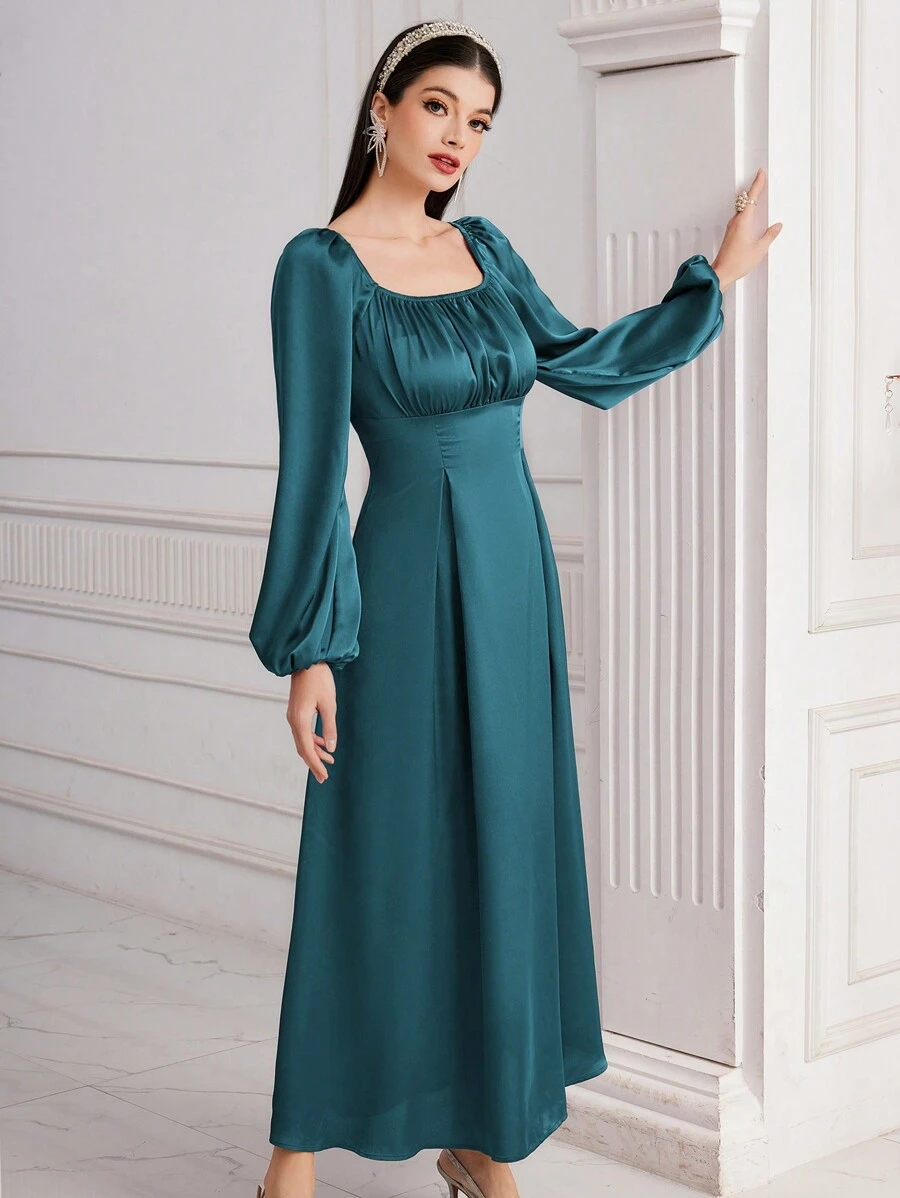 Modelyn Đầm dài tay eo cao màu trơn thanh lịch dành cho nữ - Màu xanh ngọc - Xem 1