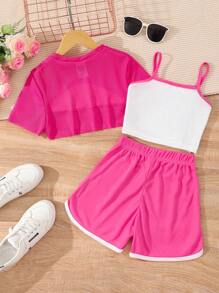 SHEIN Conjunto de 3 piezas para niña preadolescente: Top de tirantes con mangas cortas de malla con letras impresas y shorts de malla de moda - Rosa Fucsia - Ver 2