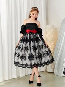 SHEIN Teen Girl Elegant Black And White Contrast With Red Bow Belt Sheer Embroidery Knit Strap Dress