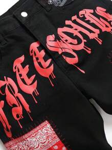 Men's Letter Print Chic Patch Slim Fit Jeans, Emo Style - Black - View 4