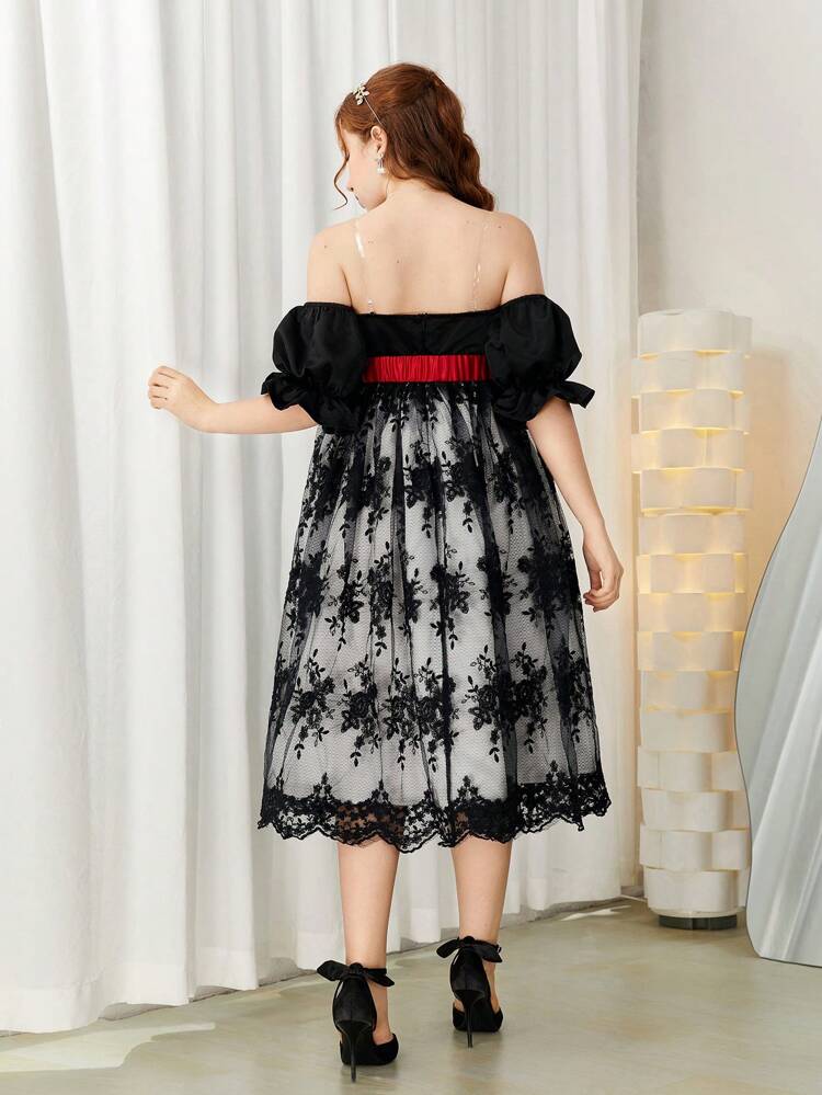 Teen Girl Elegant Black And White Contrast With Red Bow Belt Sheer Embroidery Knit Strap Dress
