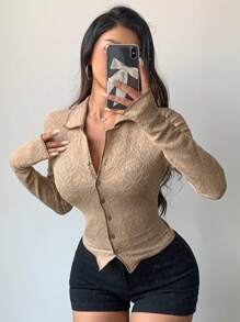 DAZY 女士修身长袖翻领 T 恤外出上衣、秋季服装、返校服装 - 卡其色 - 查看 3