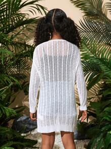 SHEIN Áo len cardigan đi biển dài tay màu trơn phong cách kỳ nghỉ hè của các cô gái Tween - trắng - Xem 2